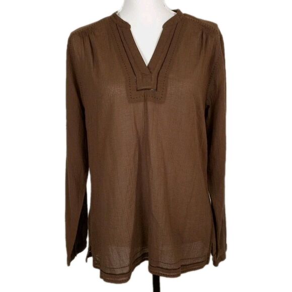 Eddie Bauer Cotton Gauze Tunic Blouse Brown Popover Sz L Peasant Boho Lagenlook - Picture 1 of 9